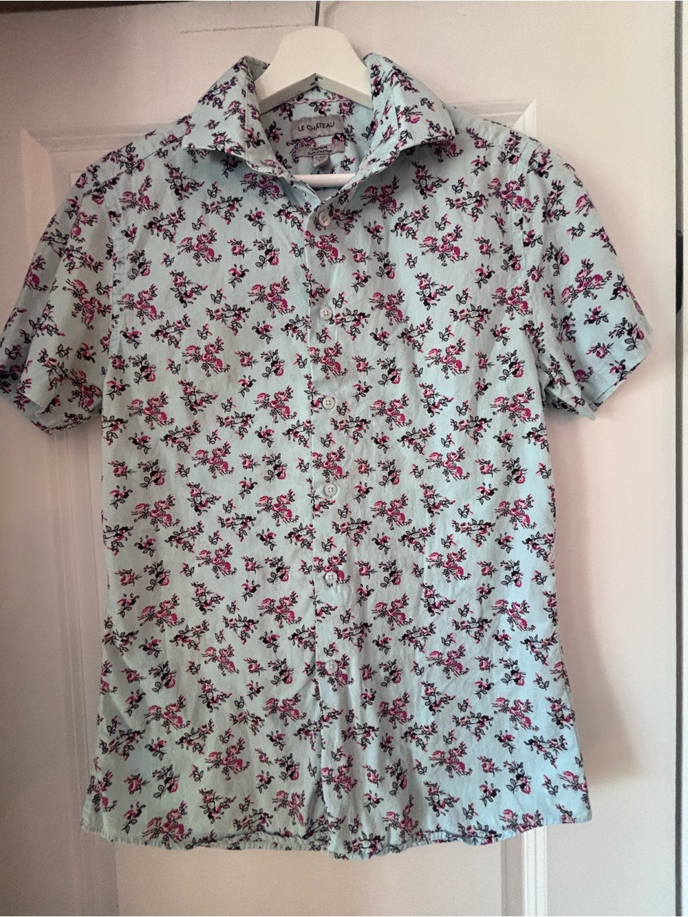 le chateau Light Blue Short-Sleeve Button-Down with Pink Floral Motif
